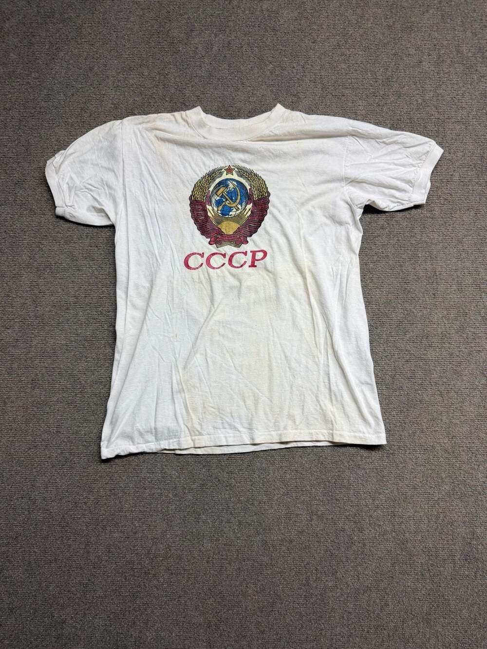Vintage USSR CCCP Coat of Arms Graphic T-Shirt White Cotton